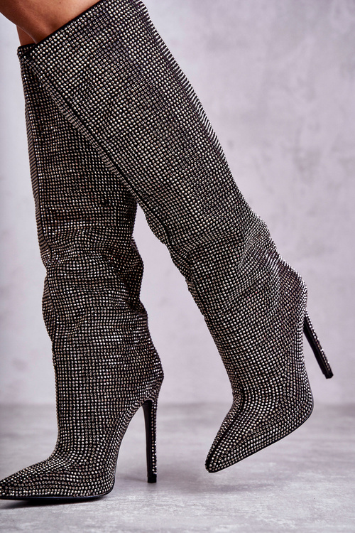 Fashionable Boots On High Heel With Cubic Zirconia black Lovisa