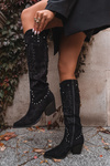 Women's Leather Cowboy Boots With Embellishment On Heel Black Darella