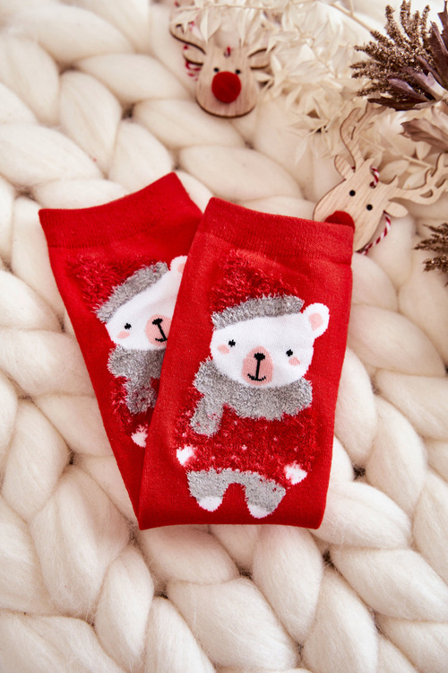 Women's Funny Christmas Socks Teddy Bear In A Cap Red