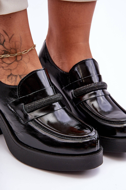 Półbuty Obcas Słupek Ozdoba Skóra Czarne Lemar Gelanor 20157