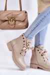 Leather, insulated boots with a zipper with pearls beige Raiso