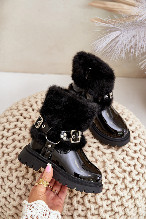 Lacquered Girls Boots With Fur And Buckles Black Cartemes