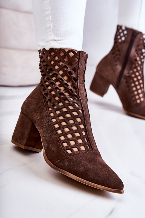 Suede Openwork Boots On High Heel Nicole 2638 Dark brown