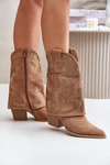 Embellished Cowboy Ankle Boots Mid Calf Heeled S.Barski HY42-153 Camel