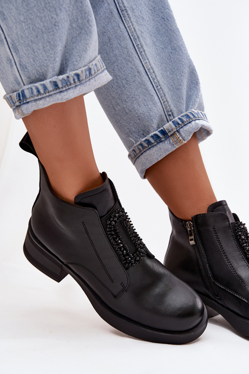 Leather Women's Block Heel Boots with Ornament D and JC52-869 Black