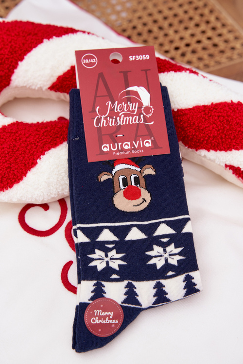 Men's Christmas Patterned Socks With Reindeer Navy Blue