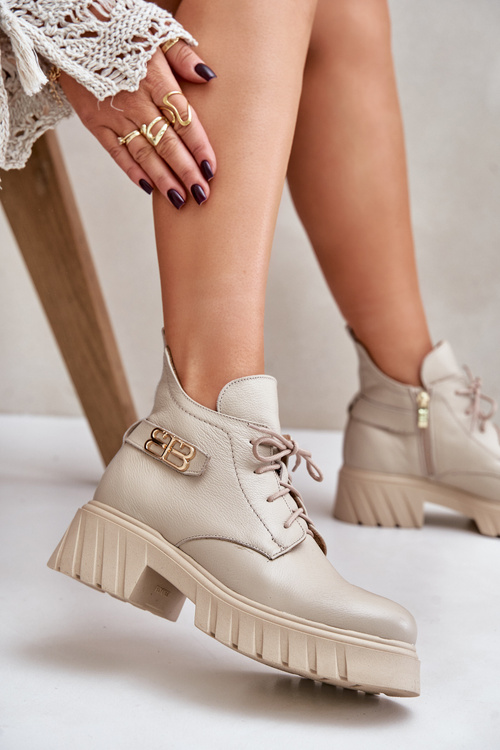 Zazoo 60483 Women's Leather Ankle Boots With Low Shaft Insulated Beige