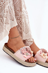 Ladies Platform Sandals With Braiding And Flowers Pink Chellia