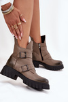 Leather Insulated Women's Ankle Boots With Buckles And Decorative Detail Zazoo 60482 Dark Beige