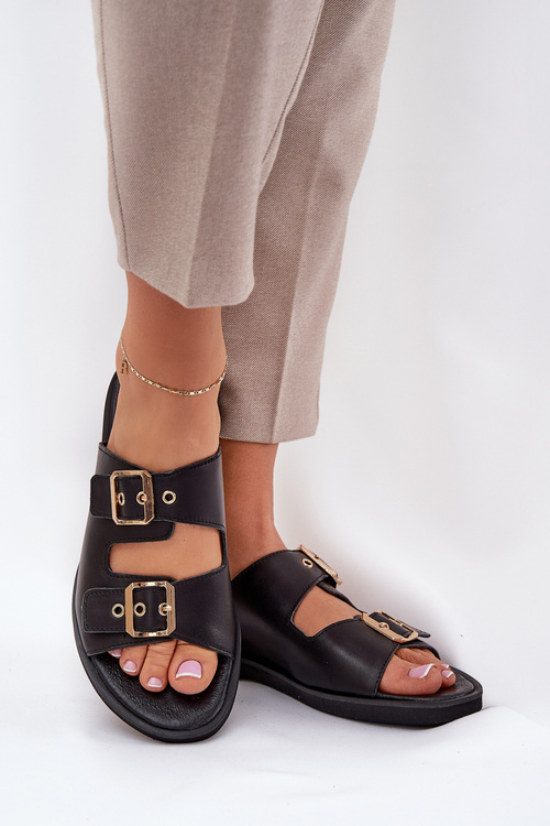 Klapki Skóra Naturalna Płaski Obcas Eleganckie Z Ozdobą Czarne Zazoo 3008