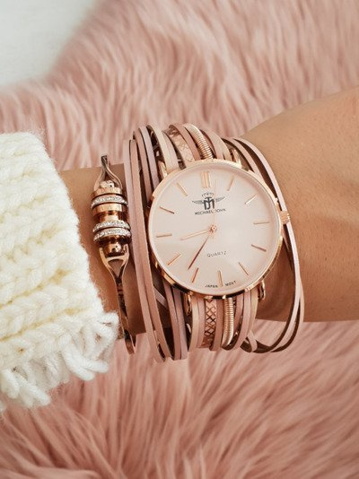 Women's Watch Michael John With Throwback Strap Pepero Pink