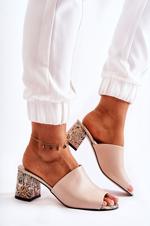 Leather Women's Slippers On High Heel flowers Beige Nessita