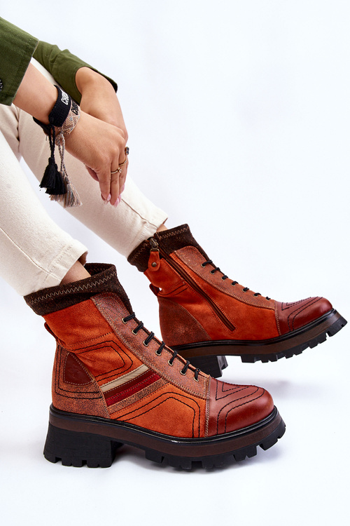 Botki Damskie Skóra Płaski Obcas Pomarańczowo-Brązowe Maciejka 05624-08