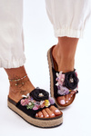 Material Slippers With Flowers Black Nessa