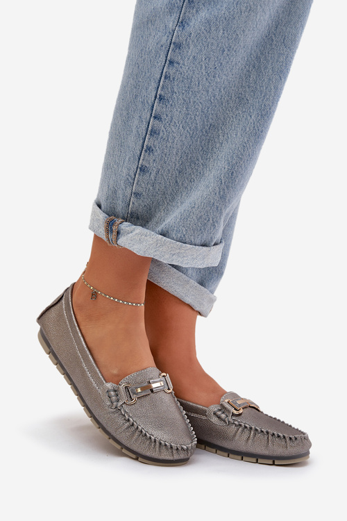 Glitter Flat Moccasins Made Of Natural Leather D&A LR51-546 Silver