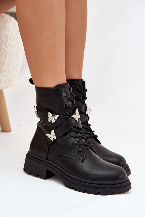 Insulated work boots with strap and silver buckles Black Kaelina