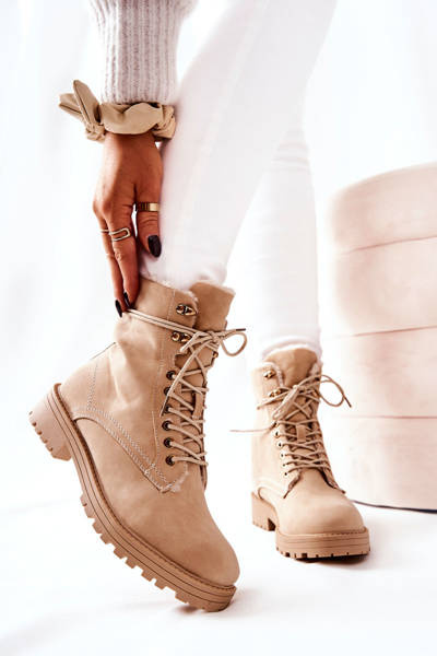 Leather Padded Worker Boots Beige Kimmie