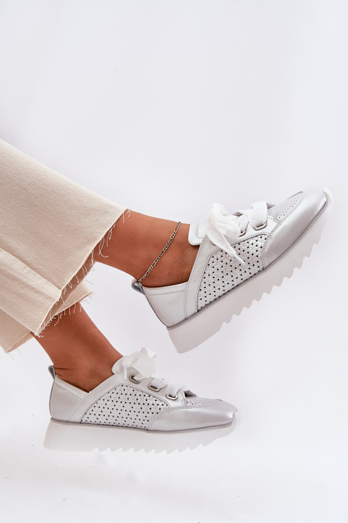 Women's Leather Sneakers On A Platform D&A LR51-796 Silver