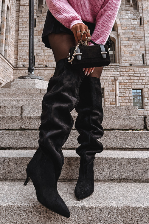 Kozaki Damskie Eko Zamsz Wsuwane Na Szpilce Czarne Ysolienne 