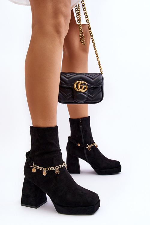 Women's Black Ankle Boots with Chain Detail Tiselo