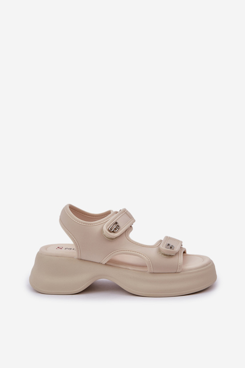 Sandały Damskie Lekkie Materiałowe Na Platformie Jasnobeżowe Deniffia