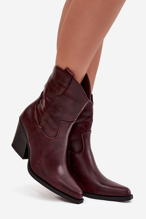 Damskie Botki Obcas Słupek Kowbojki Eko Skórzane Bordowe Sorelia