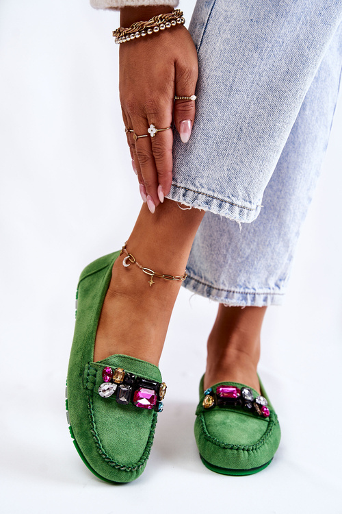 Women's suede loafers with decorations Green Janetta 