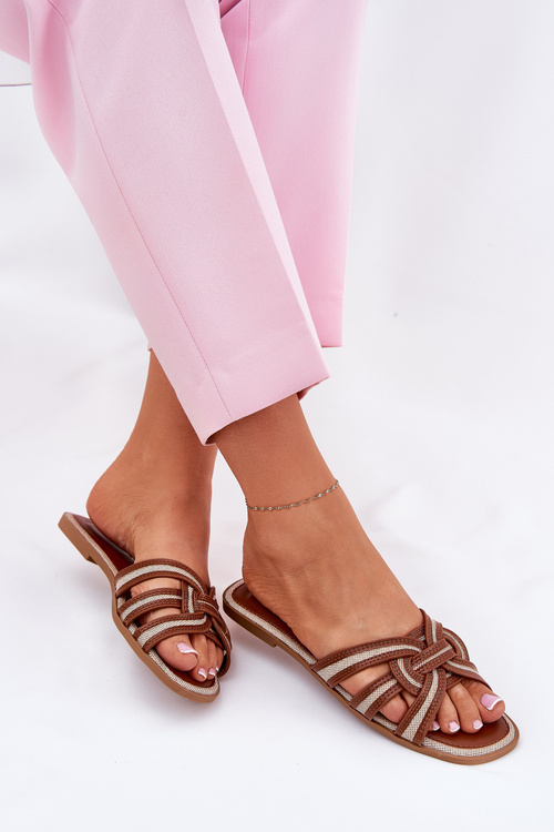 Ladies Flat Slippers With Intertwined Straps Brown Acimine