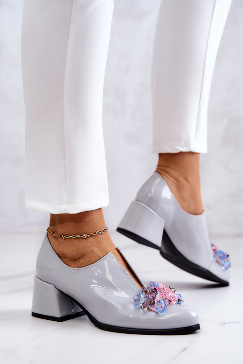 Lacquered Leather Smooth Shoes With Decoration Grey Delaver