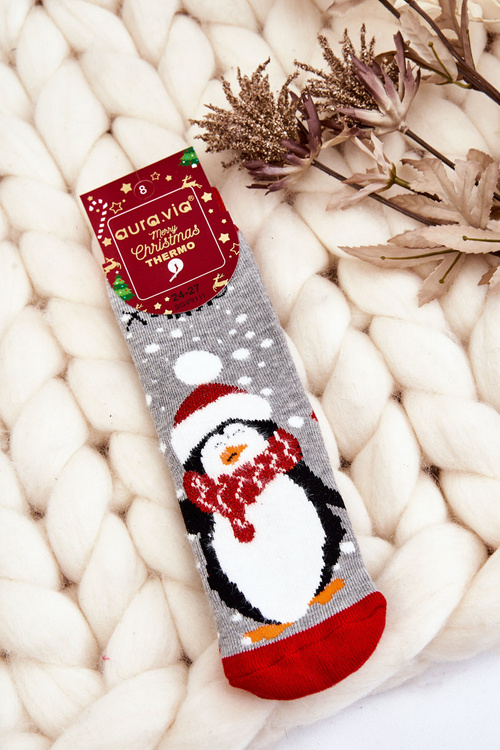 Skarpety Dziecięce Świąteczne Bawełniane Termoaktywne Pingwin Szare