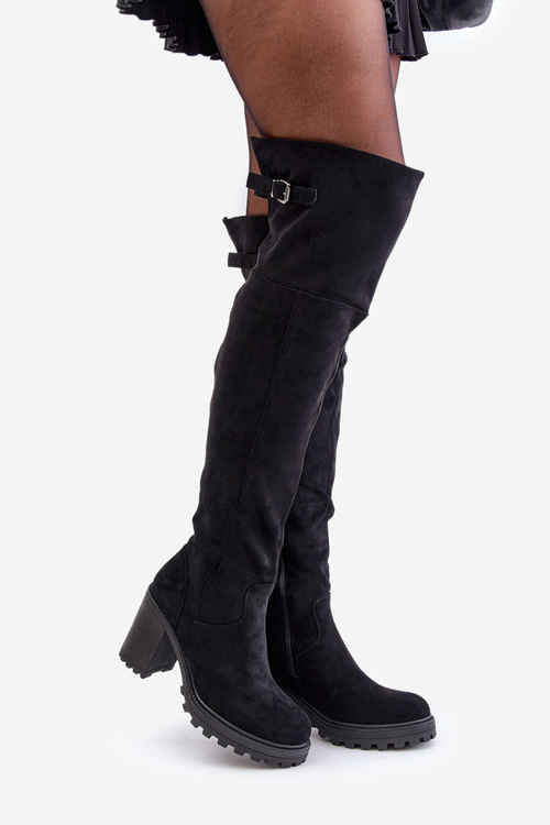 Kozaki Damskie Obcas Słupek Eko Zamszowe Z Cholewką Za Kolano Ocieplane Czarne Niaviera