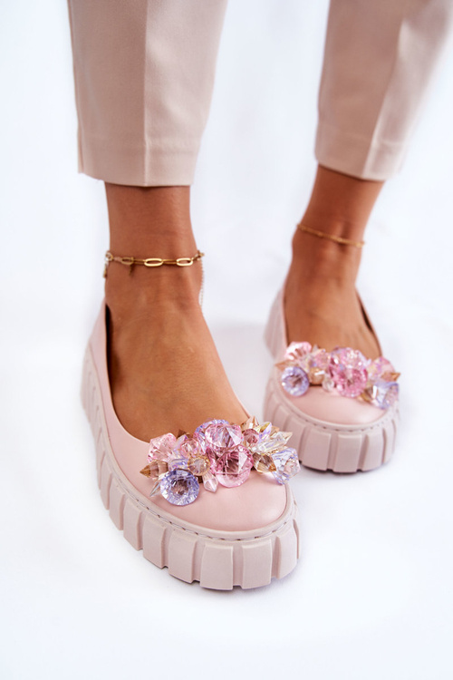Leather Ballerinas On A Platform With Colorful Ornament Pink Ladette