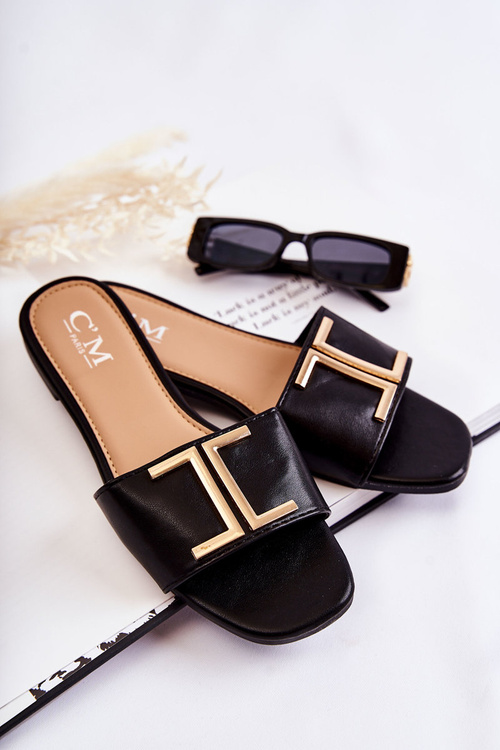 Women's Classic Leather Slippers With Ornament Black Maren