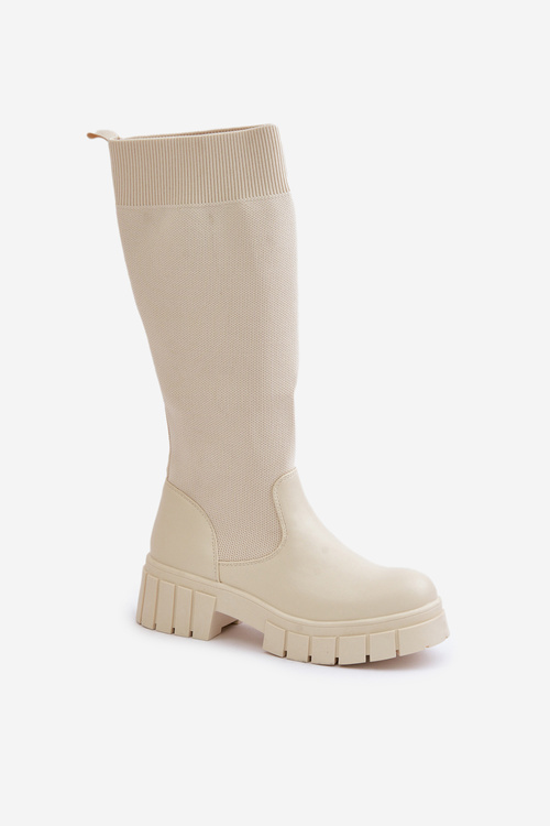 Knee Boots With Elastic Shaft On Flat Heel Light Beige Mesidra