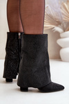 Embellished Shiny Ankle Boots With Turned Shaft On Block Heels Insulated Black Xistaria