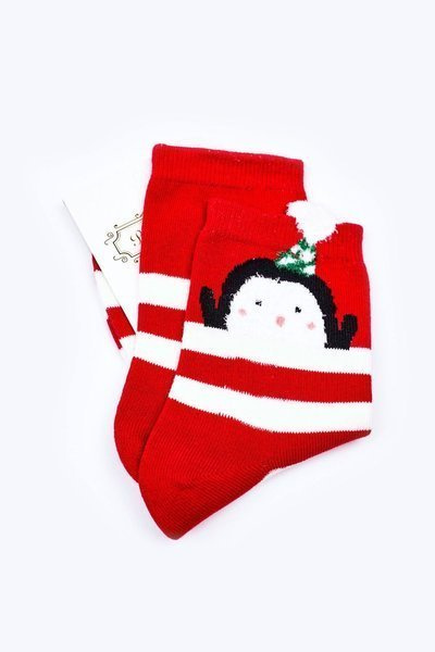 Christmas Cotton Striped Socks With Penguin Red