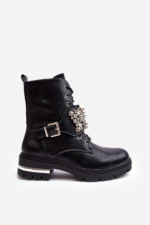 Botki Workery Damskie Zdobione Ocieplane Czarne Lennen NC1186