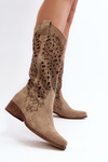 Zazoo 3403 Openwork Low Heel Women's Boots Beige