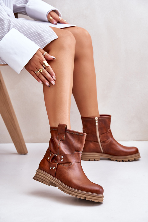 Botki Na Płaskim Obcasie Skórzane Damskie Brązowe Lewski 3610