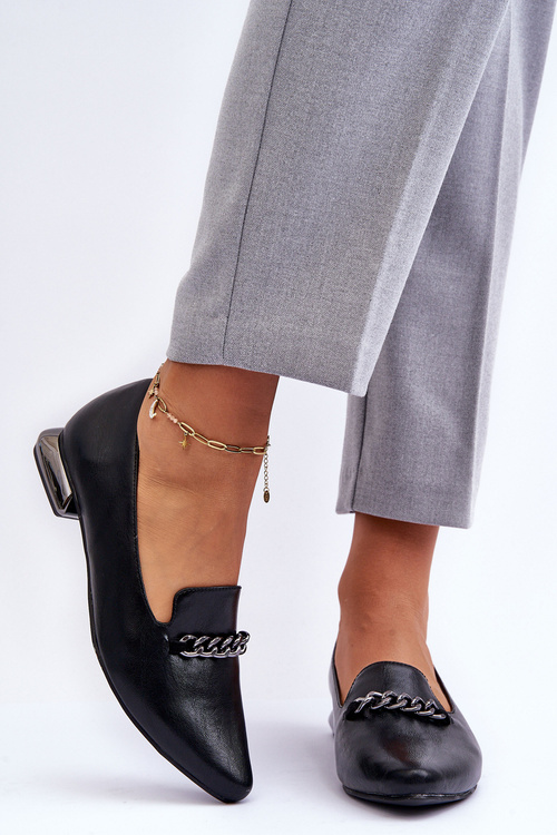 Leather Ballet Flats With Chain Flat Heel Black Lanez