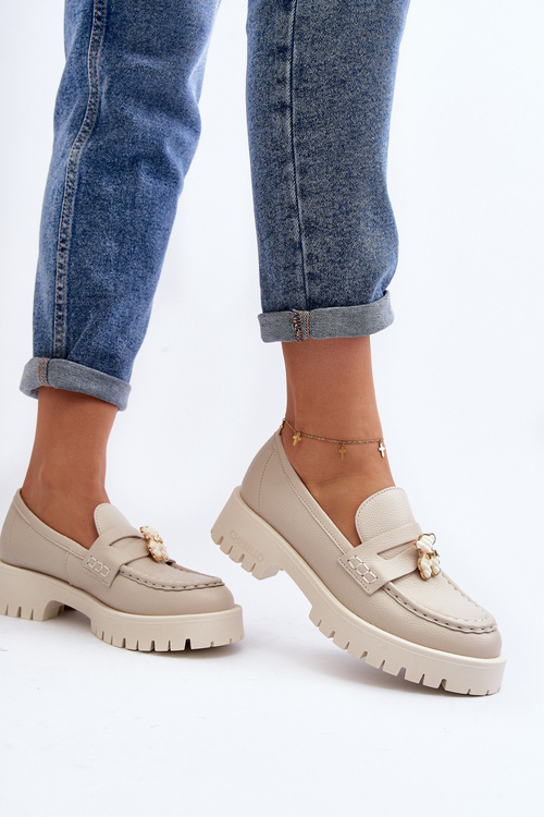 Półbuty Mokasyny Skórzane Damskie Z Misiem Jasnobeżowe CheBello 4291