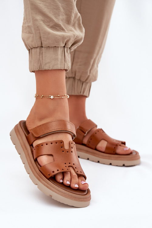 Ladies Sandals Made Of Natural Leather On Platform Brown Zazoo 40440