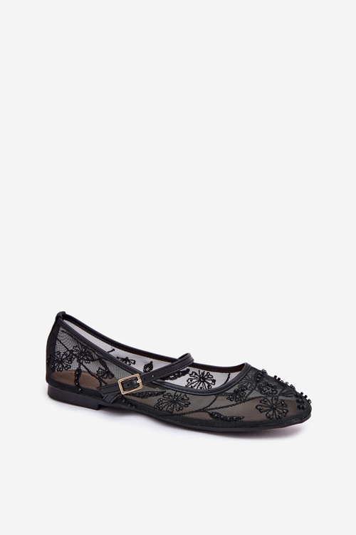 Mesh Ballet Flats With Embroidery And Decoration Black Tillilora