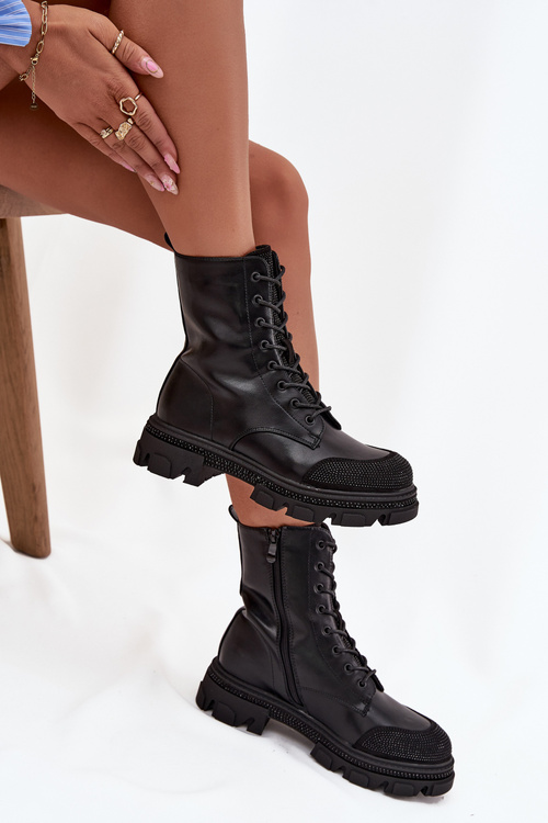 Ocieplane Botki Workery Damskie Zdobienie Czarne S.Barski HY42-982