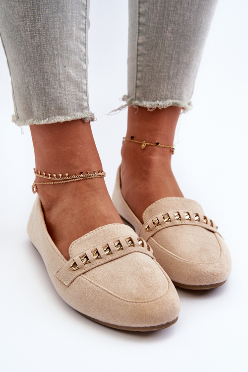 Mokasyny Damskie Z Łańcuchem Błyszczące Beżowe Aredilla 9988-73