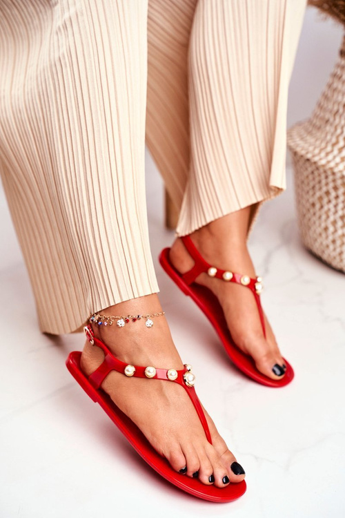 Damskie Gumowe Sandałki Czerwone Japonki Perełki Denise