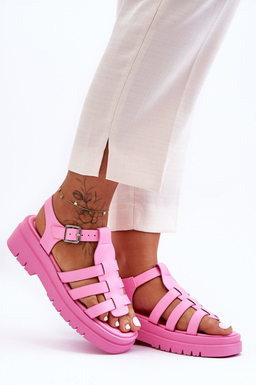 Leather Flat Sandals with Straps Pink Diosa