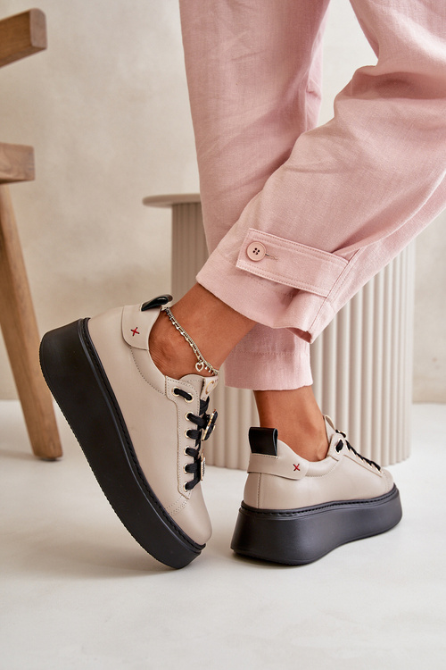 Women's Leather Sneakers With Pins On Platform Beige CheBello 4596