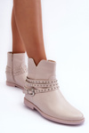 Botki Skórzane Zdobione Płaski Obcas Beżowe Adkrana WS091