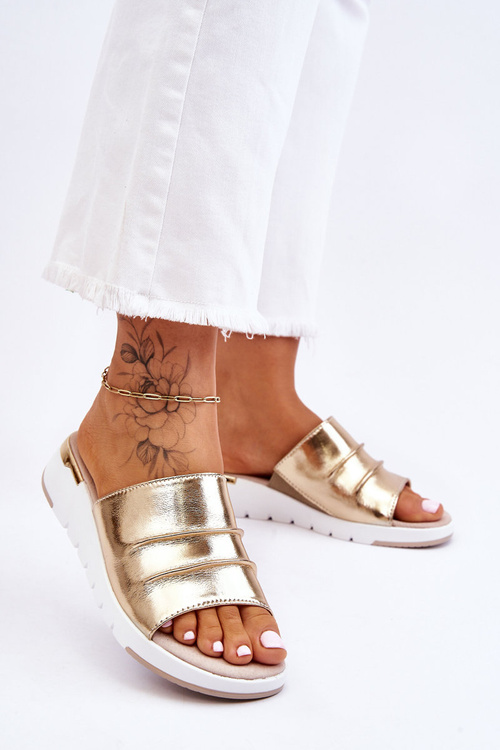 Women's Leather Slippers On A Low Wedge Gold Leona